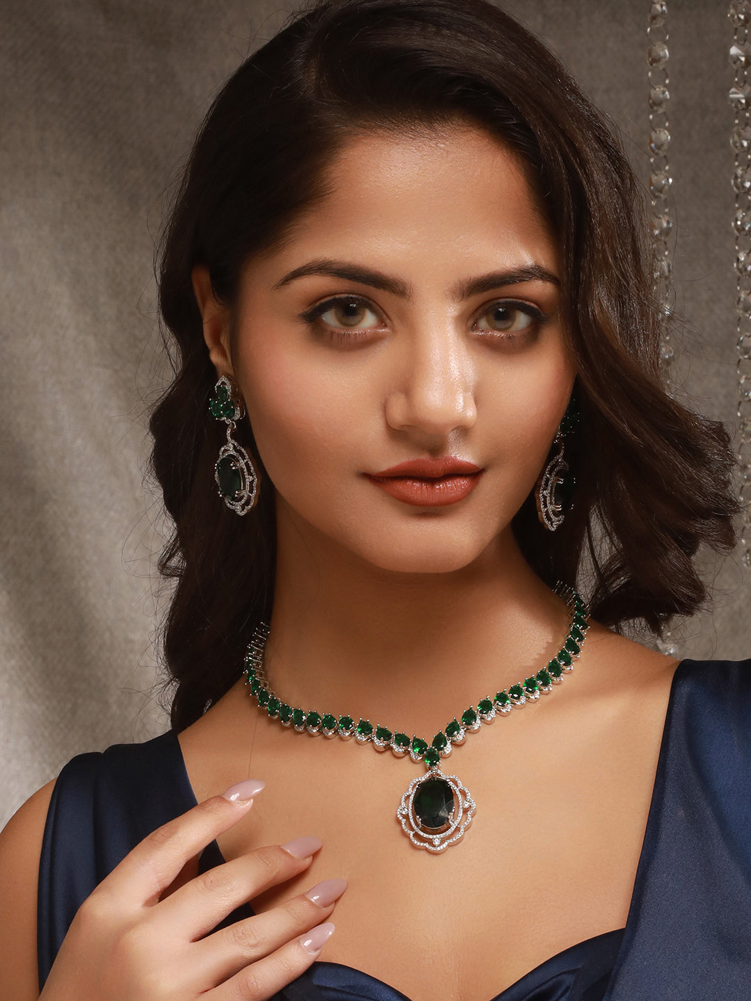 Silver Rhodium Plated Emerald Green Cubic Zirconia  Designer Bridal  Pendant Jewellery Set